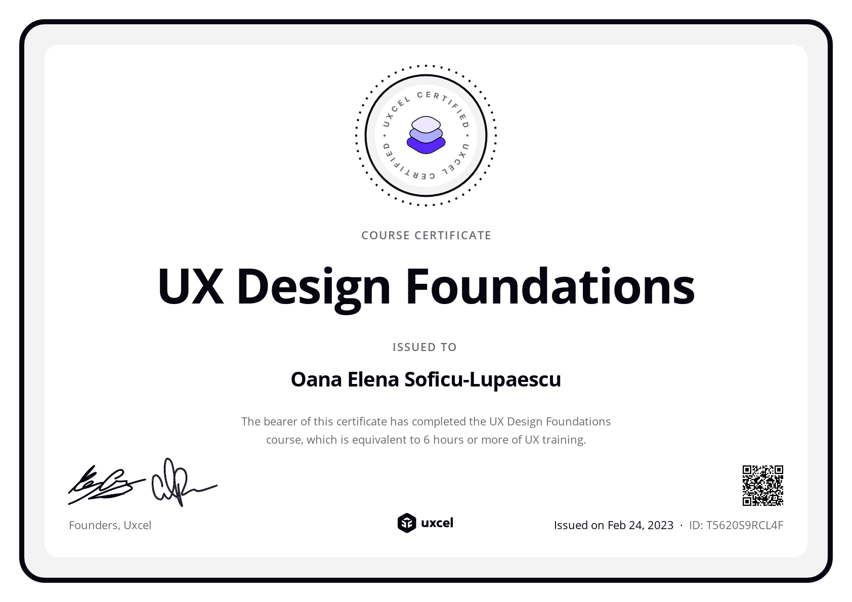 Oana Elena Soficu-Lupaescu's certificate